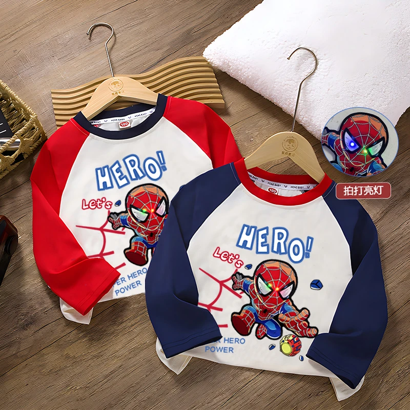 男童发光亮灯插肩长袖儿童纯棉t恤特蜘蛛侠卡通洋气秋季打底上衣