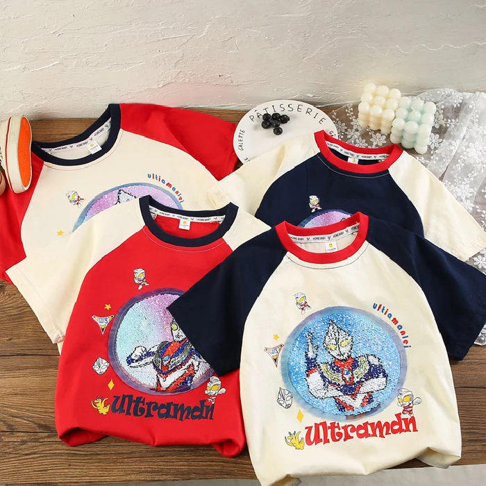 男童纯棉亮片变色变脸童装插肩短袖t恤夏季新款儿童休闲酷帅半袖