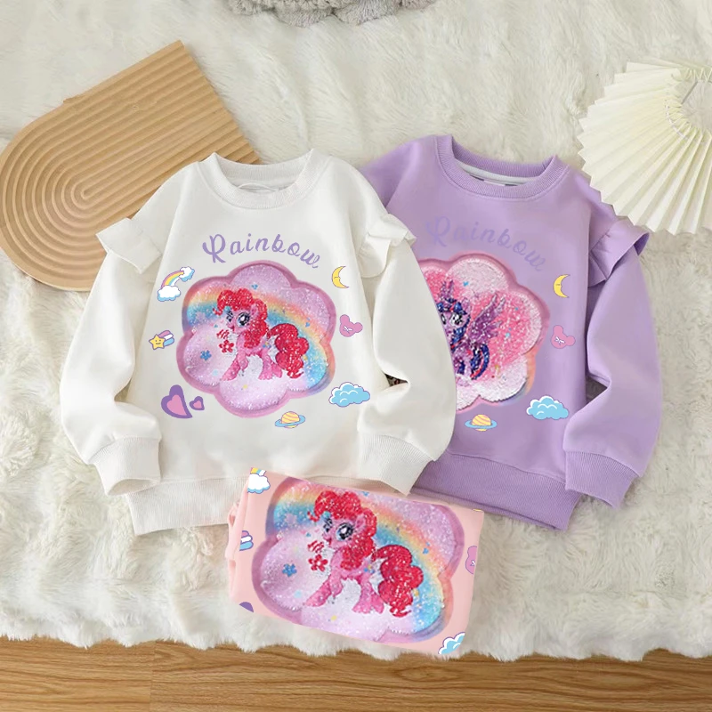 荷叶边女童加绒卫衣秋冬季洋气亮片小马变脸卡通韩版长袖中大童装