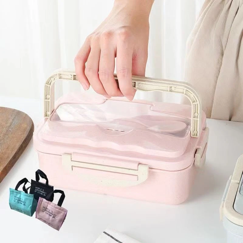 小麦便携保温饭盒学生三格便当盒女手提微波炉加热密封上班族餐盒