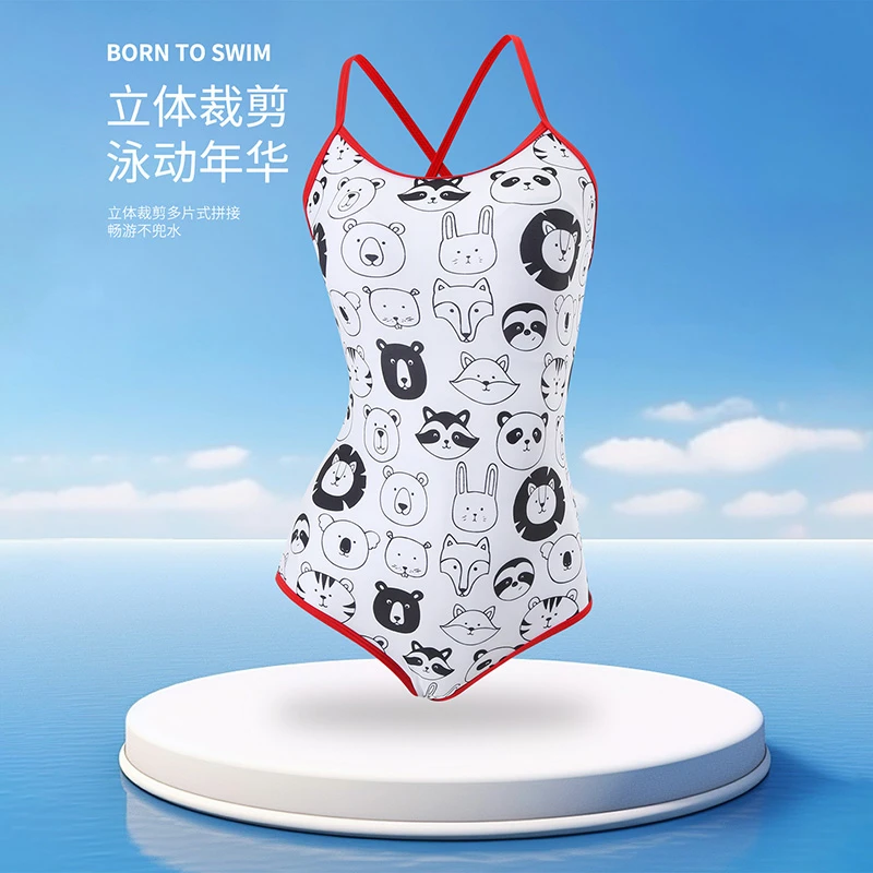 新款卡通头像女士连体无袖吊带三角可爱风美背时尚显瘦游泳馆泳衣