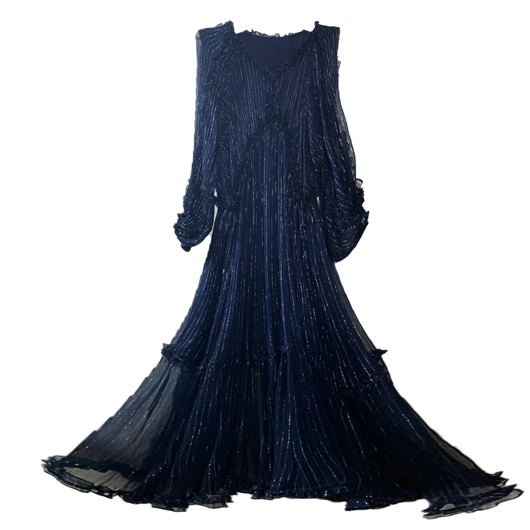 新款100桑蚕丝女士连衣裙女百搭女装金丝线连衣裙