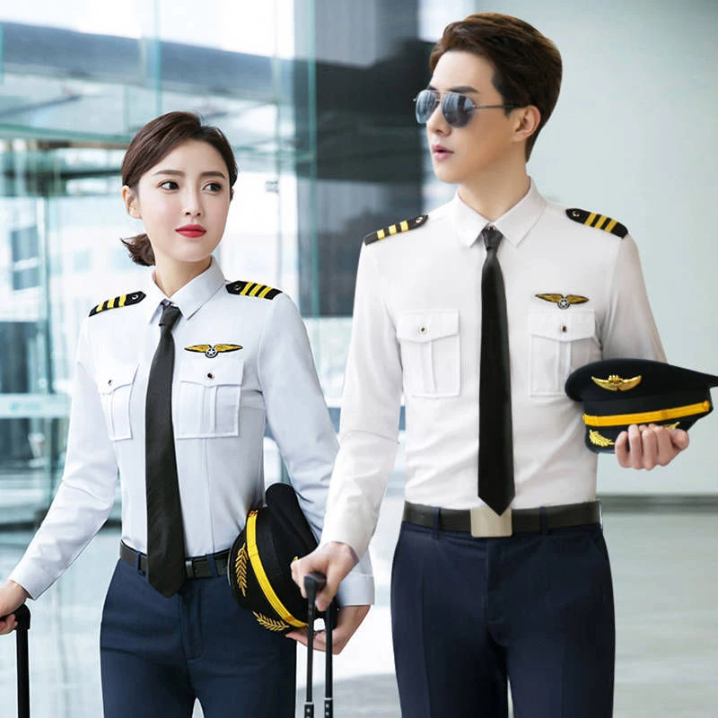 民航空飞行员制服工作服长袖衬衫男女同款修身白色短袖衬衣机空少
