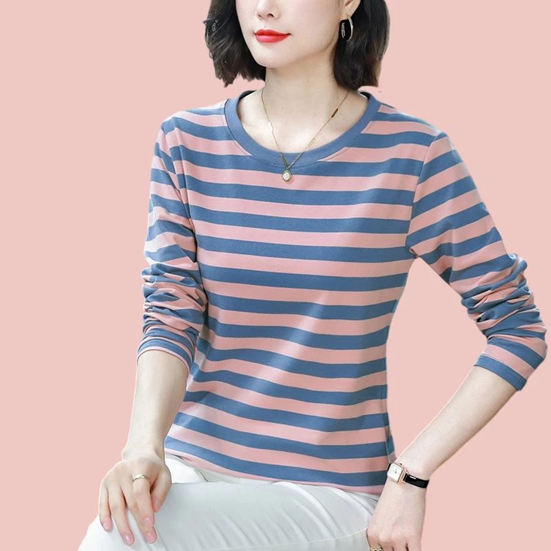 中年妈妈棉质打底衫2024年秋装长袖T恤外穿宽松大码条纹遮肚上衣
