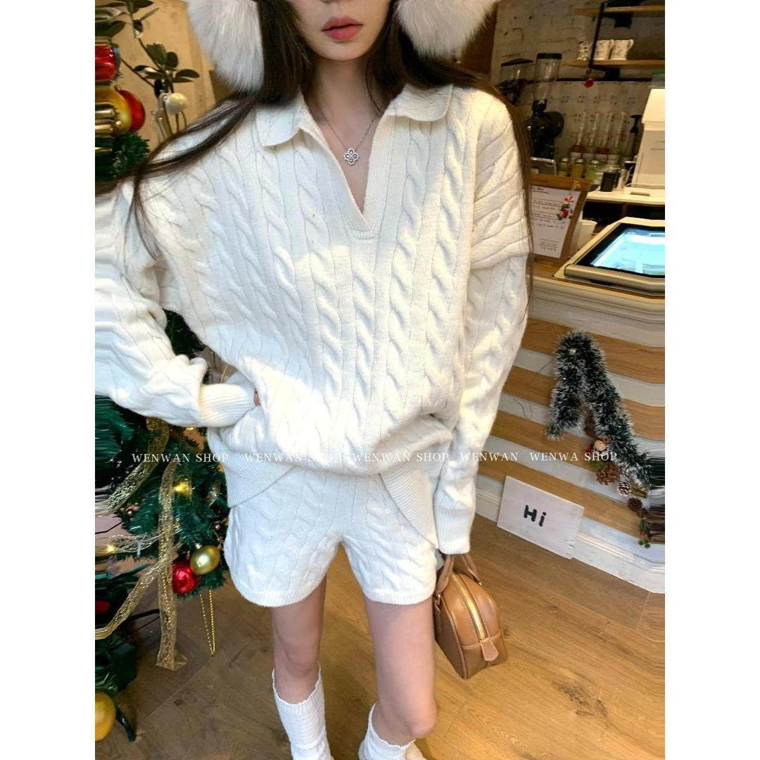 【两件套】慵懒秋冬新款polo领宽松套头麻花上衣休闲针织毛衣短裤