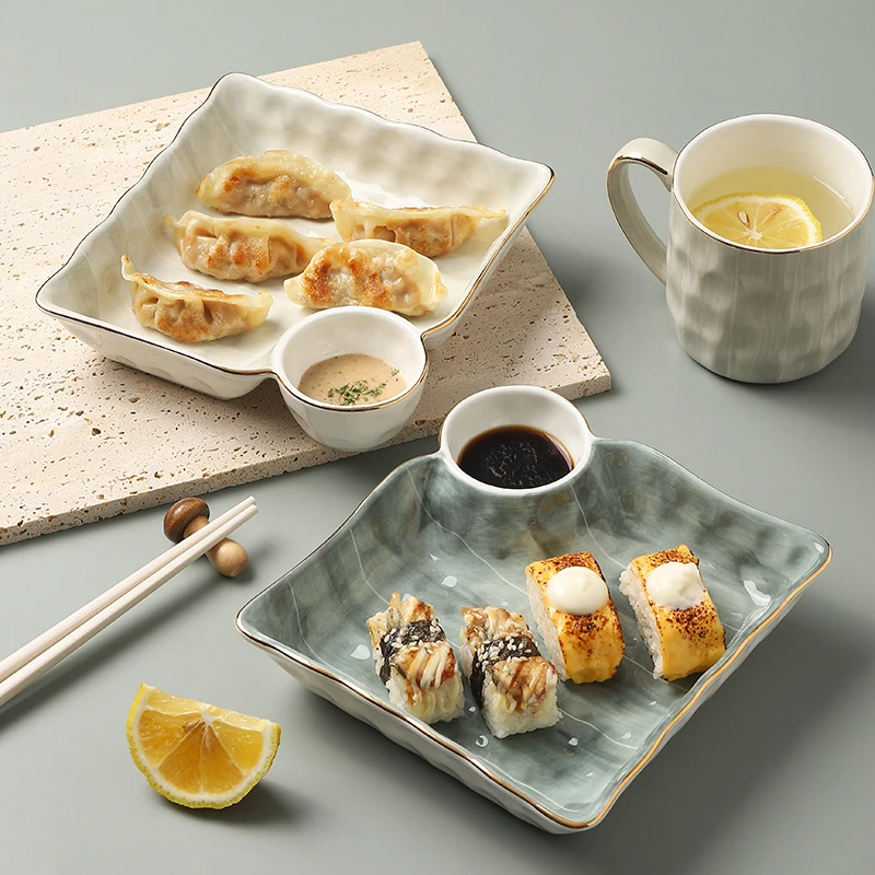饺子盘子带醋碟陶瓷点心盘寿司盘托盘轻奢网红餐盘创意水饺专用盘