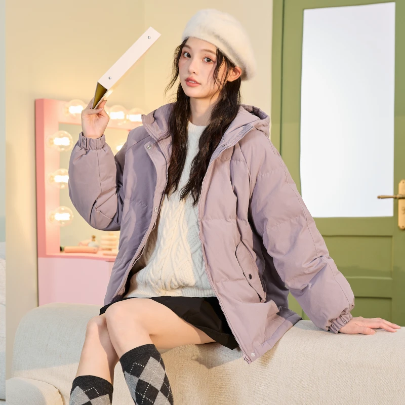 2Y91 唐狮羽绒服女短款设计感连帽面包外套保暖潮流时尚