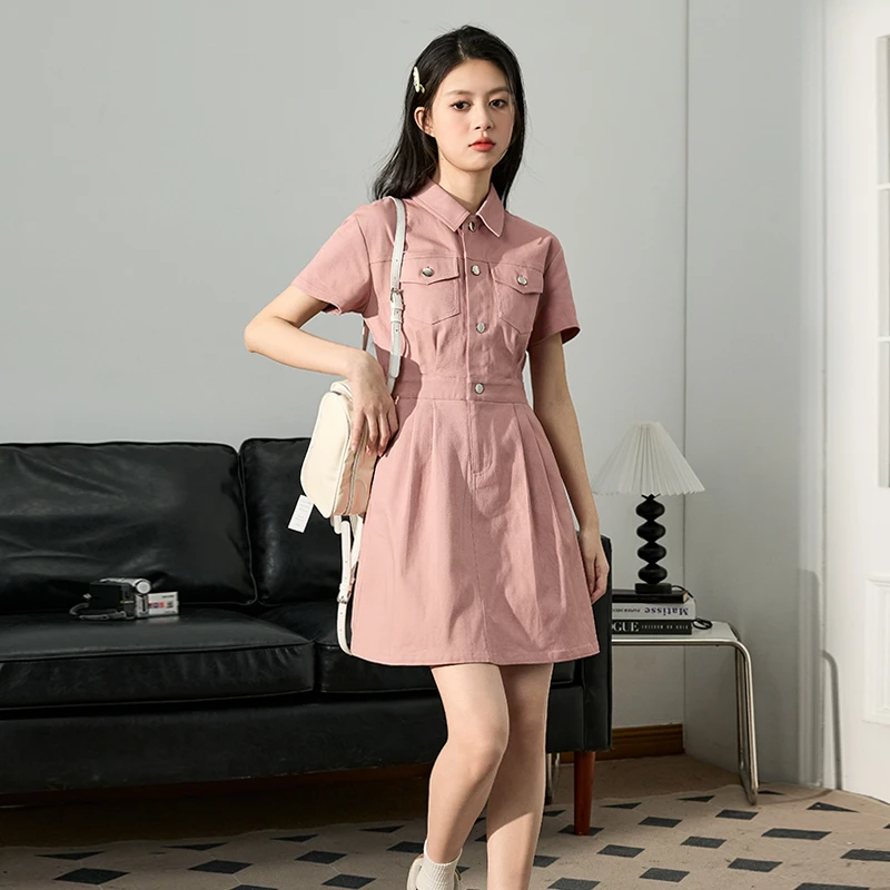 2L357 唐狮女连衣裙工装休闲衬衫式宽松潮流学生裙子时尚潮