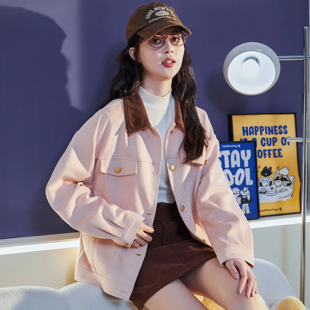 DC381 唐狮2024新款女小翻领异材质撞色拼接麂皮绒短款外套