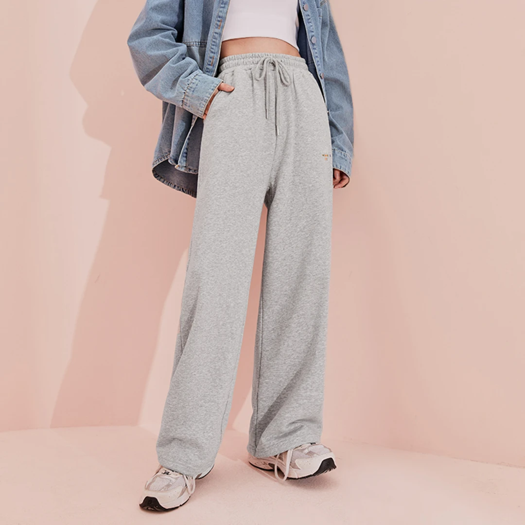 【天猫同款】唐狮阔腿运动裤女2023秋高腰直筒灰色卫裤百搭休闲长裤