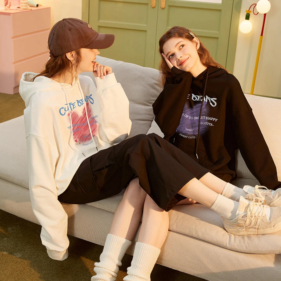 【天猫同款】唐狮2女卫衣加绒连帽宽松设计感oversize休闲上衣外套