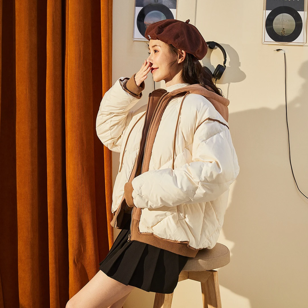 2Y145 唐狮女拼接连帽菱形格羽绒服冬季外套假两件上衣保暖