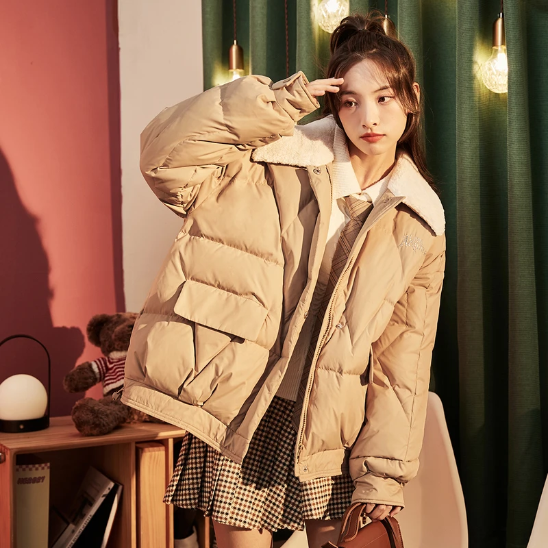 DB851 唐狮冬装新款羽绒服女短款仿羔毛翻领文字刺绣外套羽绒服