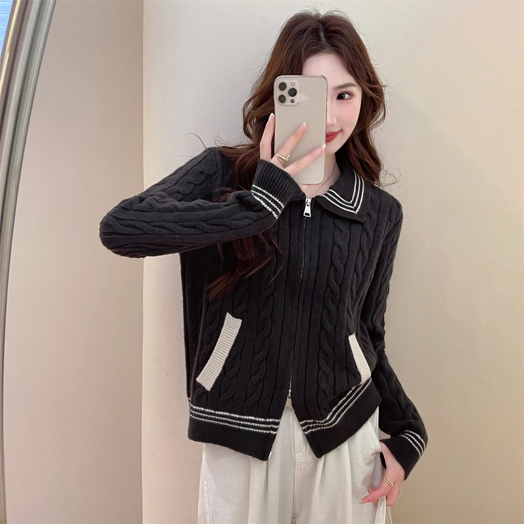 DC392  唐狮新款翻领双头拉链开衫时尚百搭翻领拉链开衫