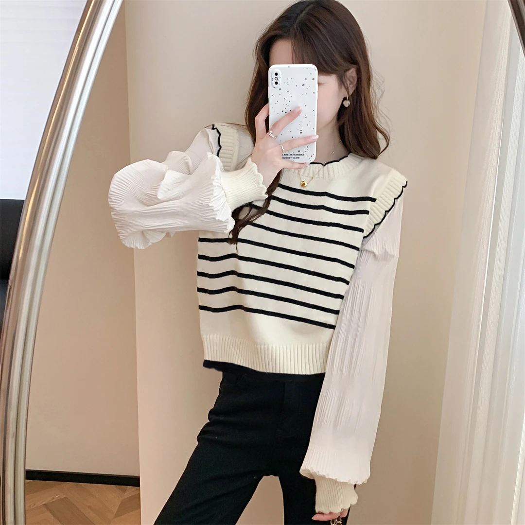 DC004  唐狮女条纹马甲拼接假两件套头毛衣秋韩系气质穿搭