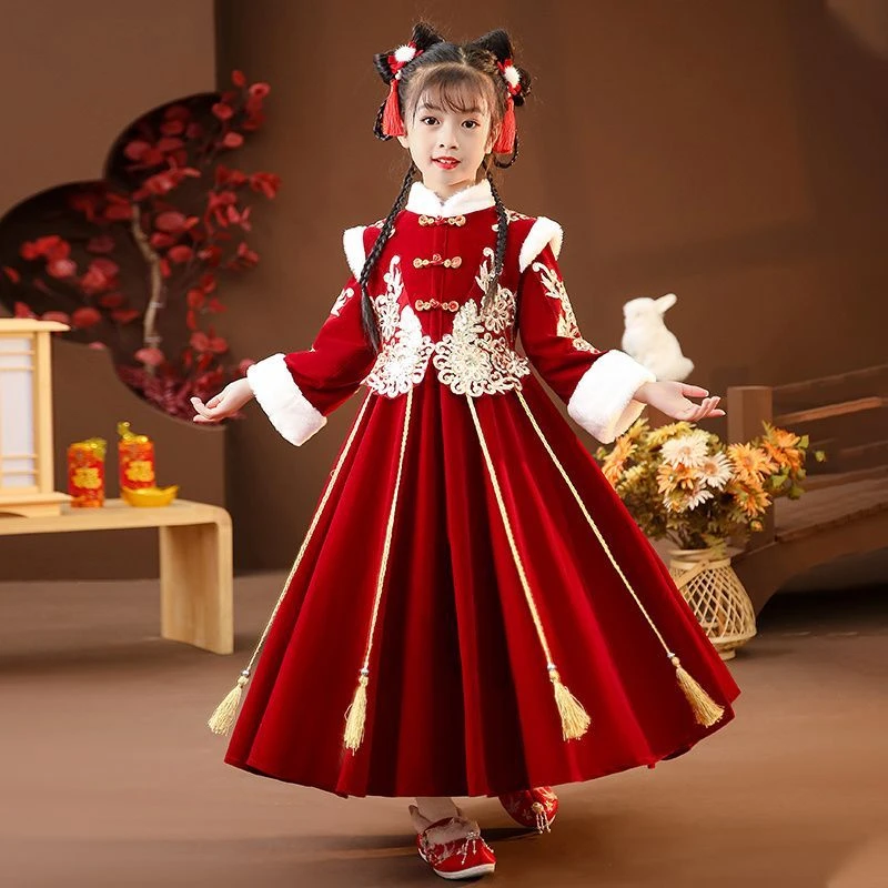 女童秋冬汉服连衣裙冬季过年冬装儿童中国风唐装新年古装拜年服