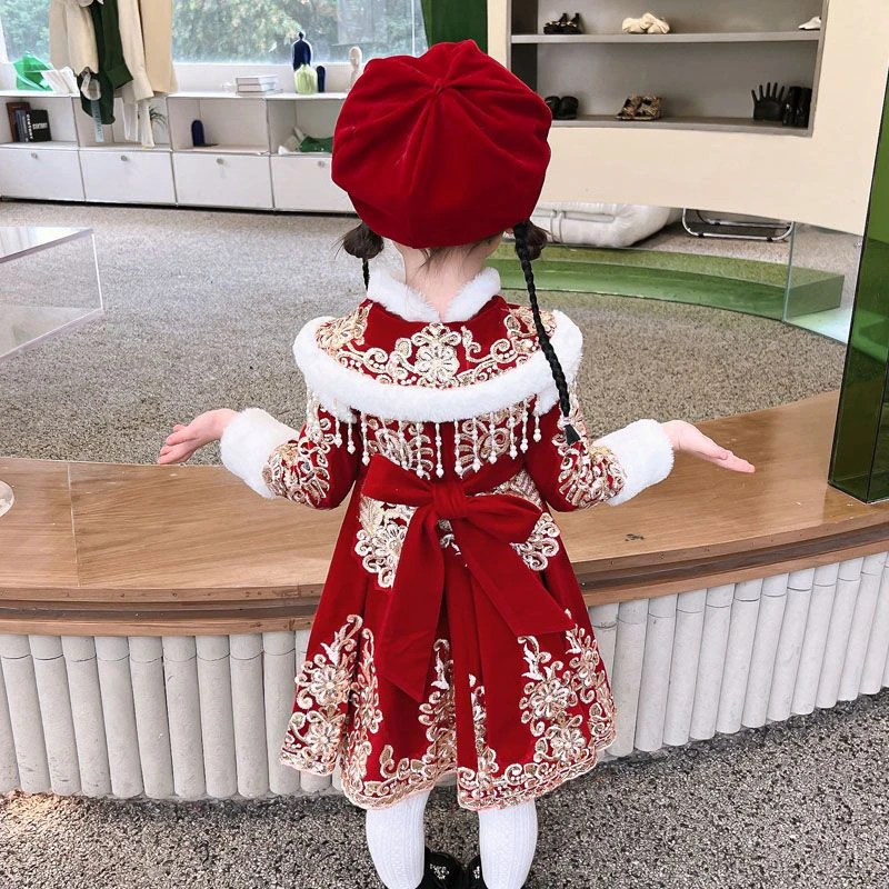 女童2023冬季新款连衣裙加绒新年裙子儿童古风汉服女宝唐装拜年服