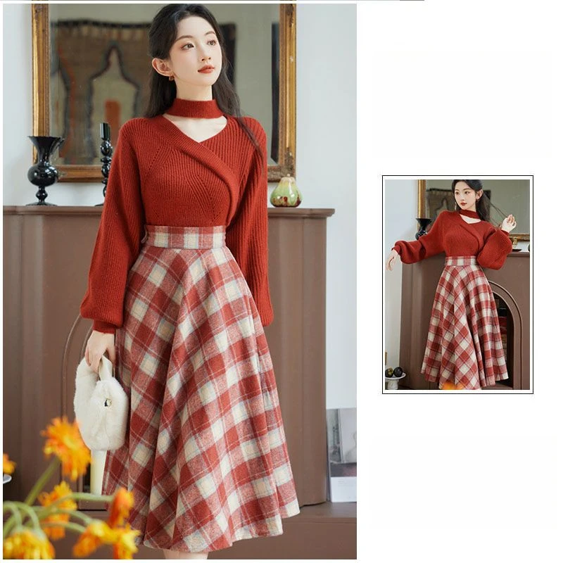 气质感简约秋季套装女2023新款长袖针织衫上衣格子半身裙子两件套