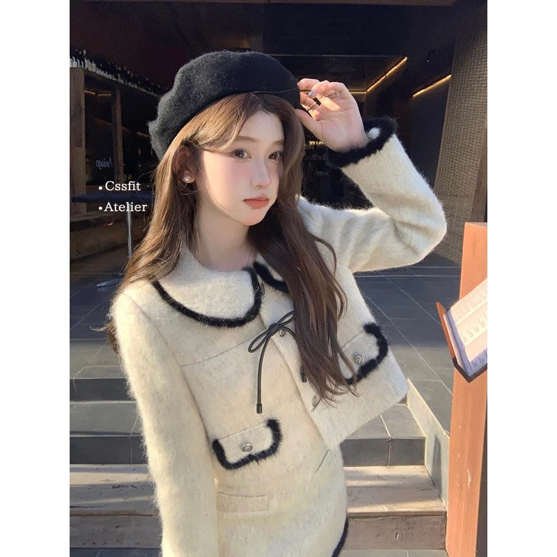 缪斯轻奢撞色娃娃领2023秋冬新款时尚撞色外套毛呢半裙小香套装wh