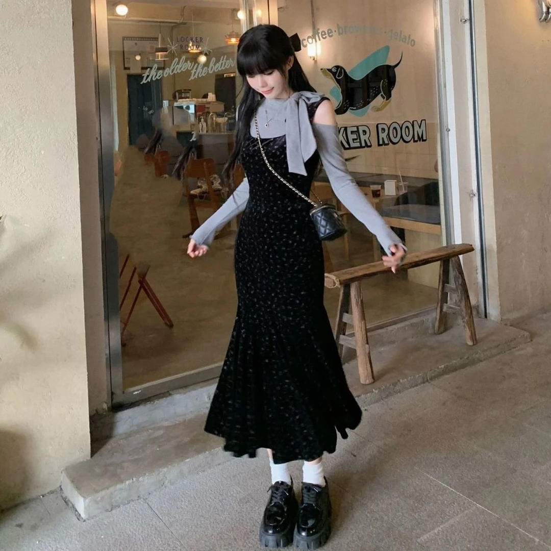 微醺花茶法式高冷御姐风碎花吊带长袖连衣裙两件套鱼尾套装长裙wh