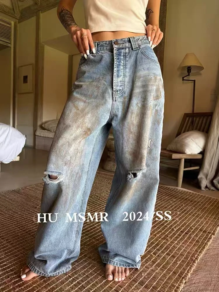 2024新款秋季复古韩版水洗做旧破洞脏脏裤宽松显瘦高腰牛仔直筒裤