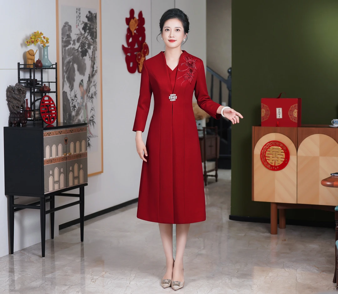 52791新款婚礼妈妈装礼服结婚宴中长款秋冬洋气外套大衣女款