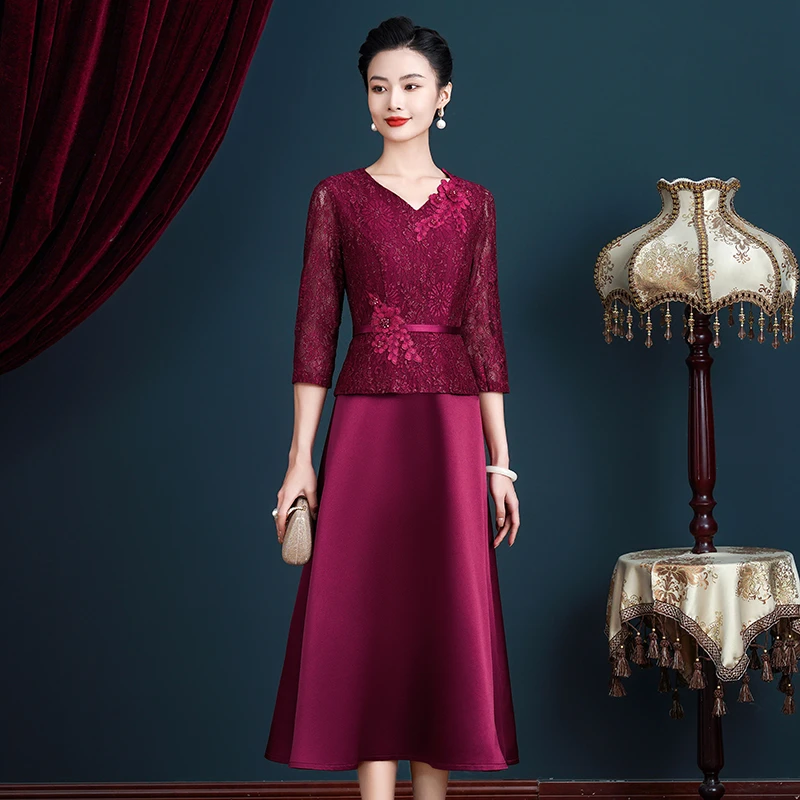 6603长袖高贵喜妈妈大码显瘦婚宴长款红色修身宴会中老年礼服裙