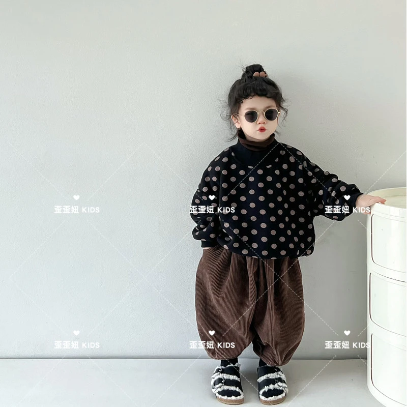韩国童装25秋冬新款加绒卫衣套装男女童可爱圆点加绒圆领套头卫衣
