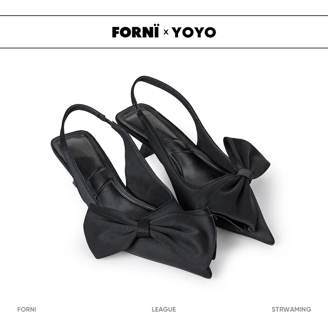 FORNI × YOYO 翩飞 气质蝴蝶结猫跟凉鞋时尚夏季黑色设计师小众款