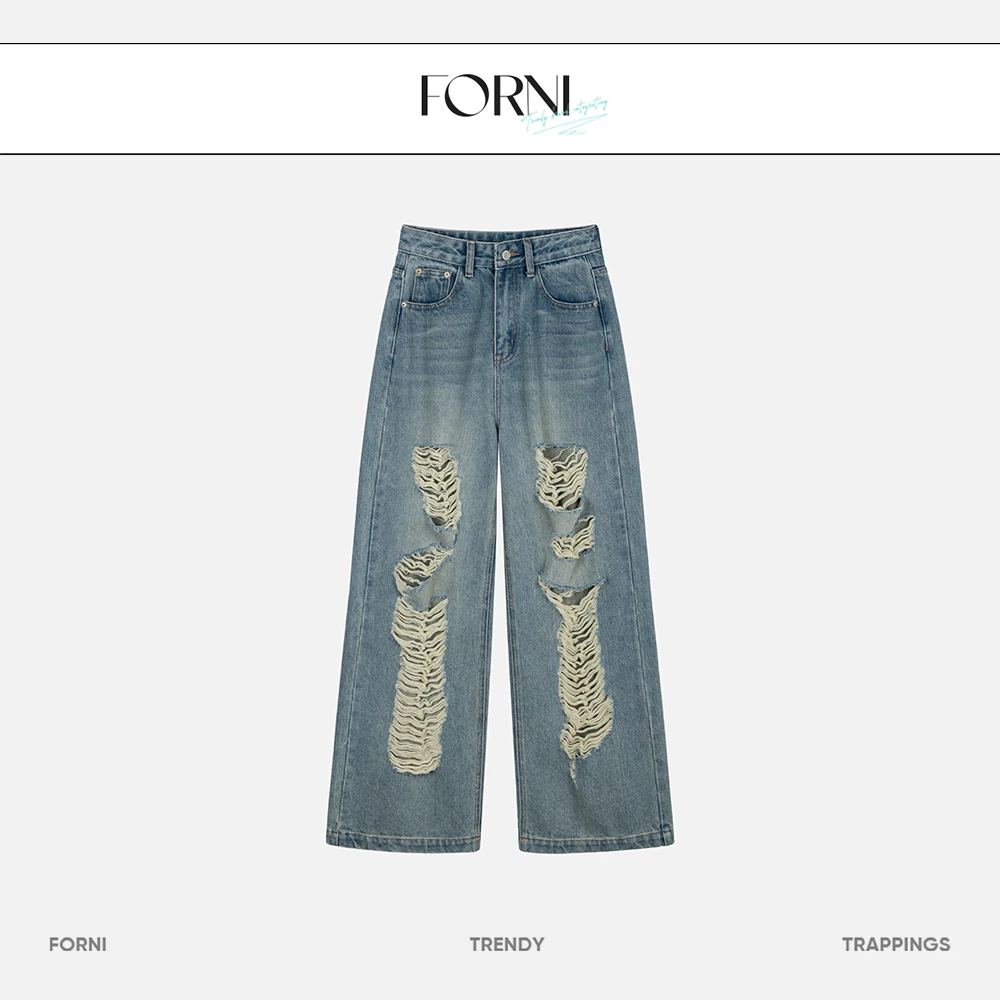 FORNI x YOYO 海边吉他手 磨破水洗牛仔裤夏季宽松破洞做旧