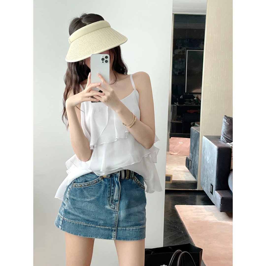 FORNI × YOYO  纯欲乖甜  纯色雪纺吊带背心多层甜美辣妹上衣女