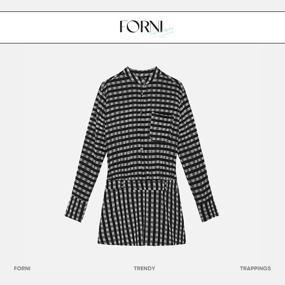 FORNI 黑白棋盘 毛边格子连衣裙长袖时尚休闲女装连衣裙