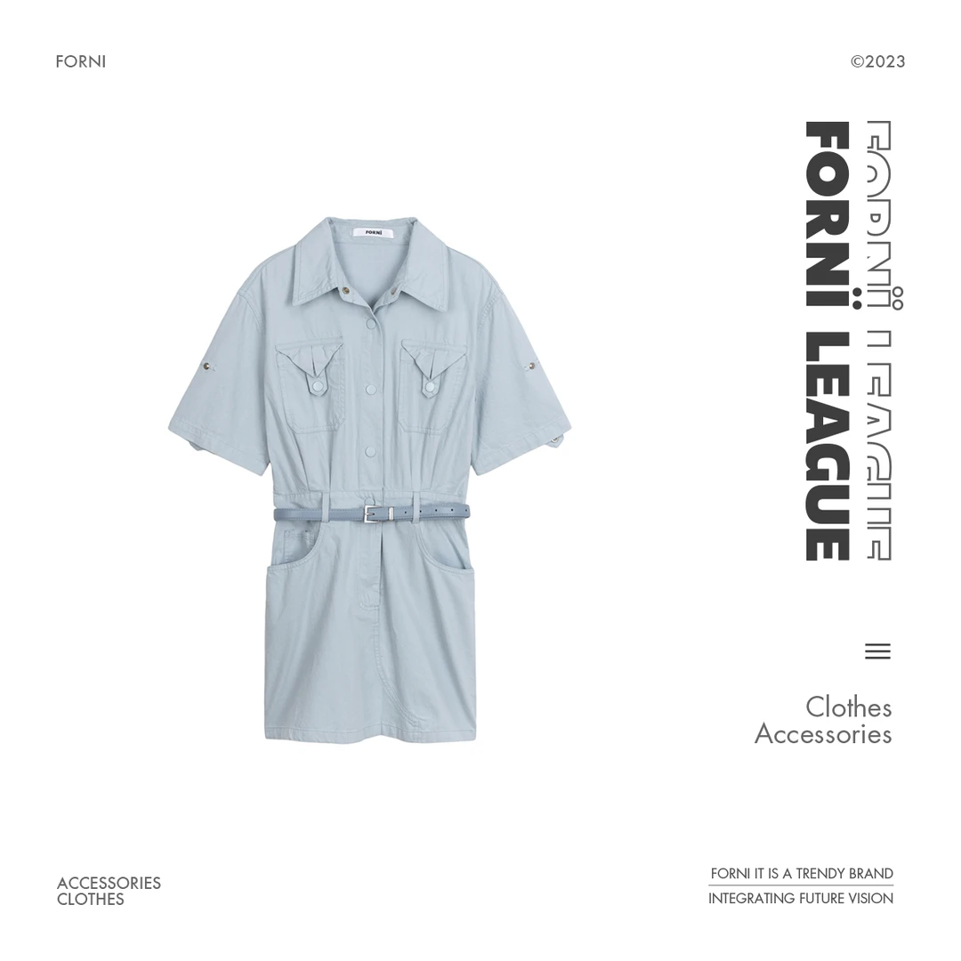 FORNI 清纯女高 短袖衬衫连衣裙工装风几何设计感口袋百搭休闲