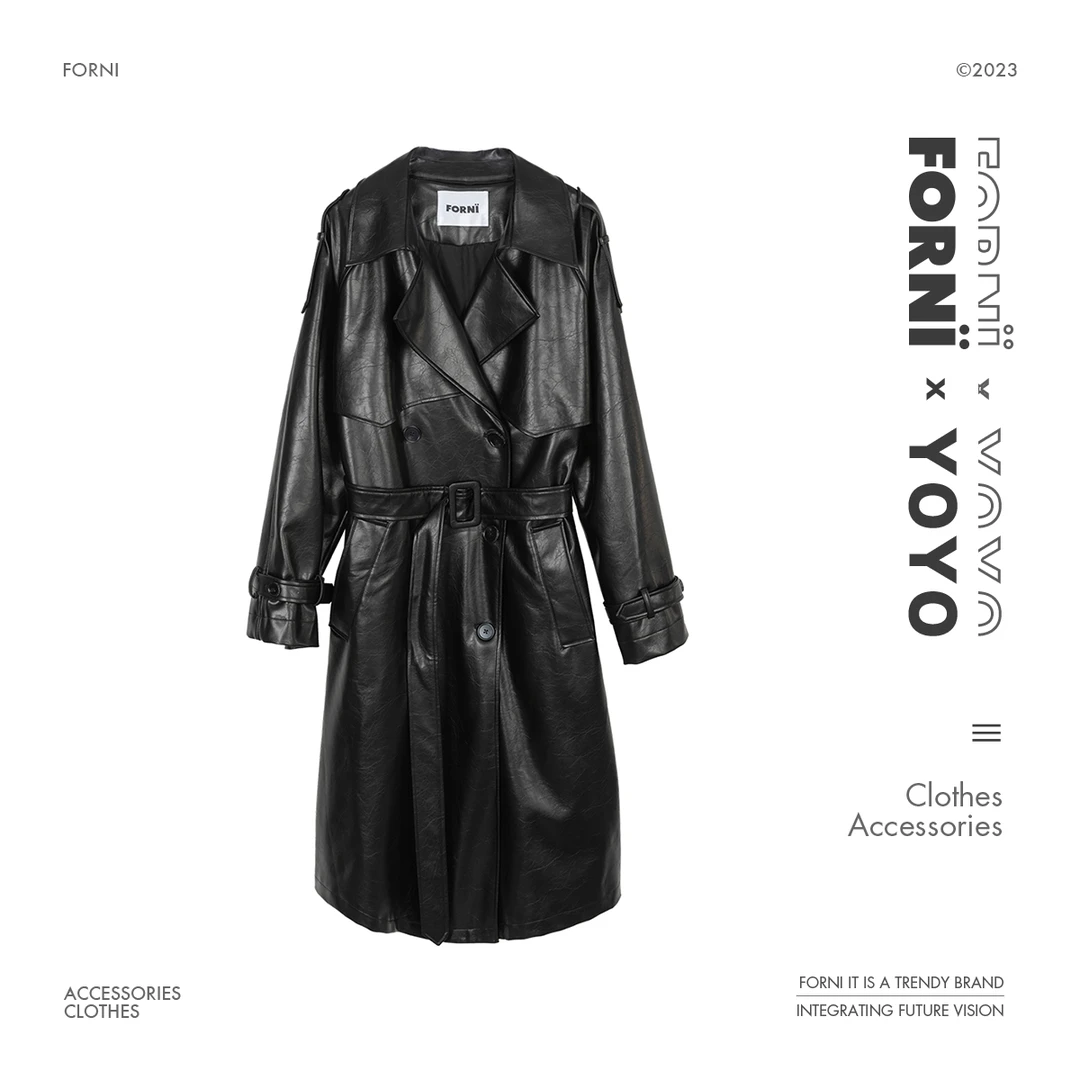 FORNI x YOYO 零零七 轻奢高阶褶皱皮质秋冬帅气经典气质长款风衣