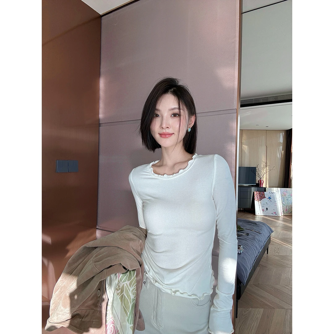 FORNI 舞蹈生都在穿  木耳边打底衫显瘦长袖百搭不规则纯色