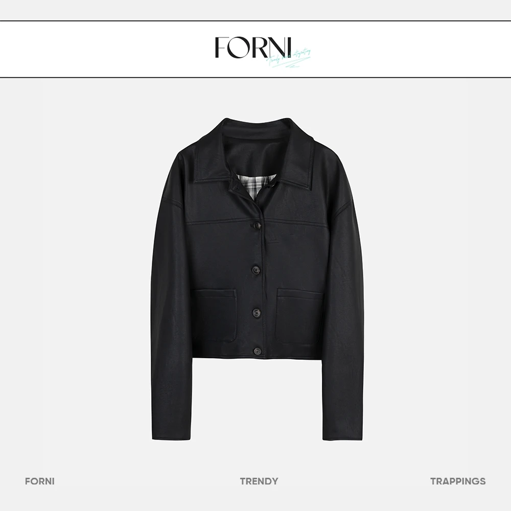 FORNI 宿命恋人 格子拼接皮衣时尚休闲百搭女士黑色皮衣女外套