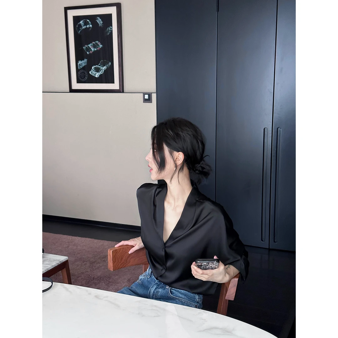 FORNI 慢慢生活 春季无领轻薄衬衣气质长袖时尚衬衫女