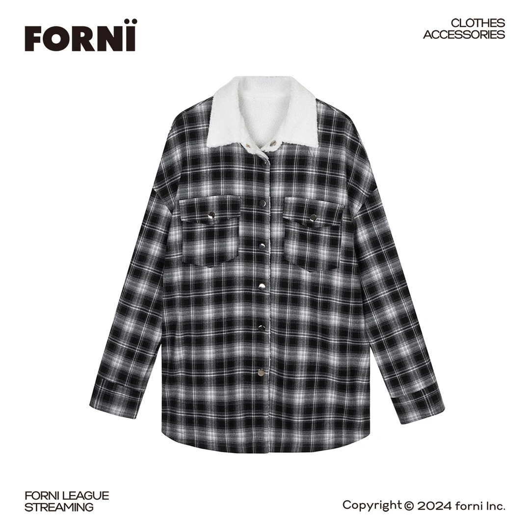 FORNI x YOYO 纽约冬季 正反两面穿经典格子休闲风保暖毛绒外套