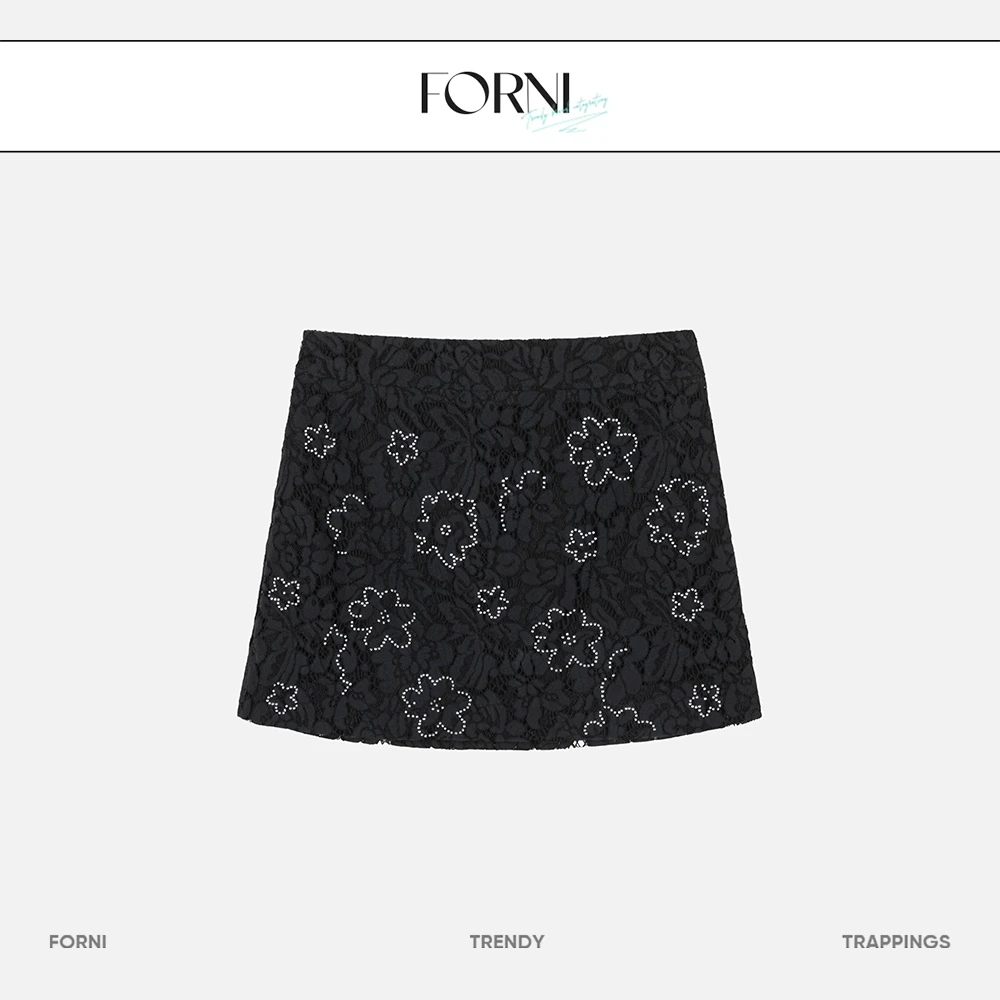 FORNI x YOYO 黑巴克回忆 烫钻蕾丝半裙时尚女士夏季蕾丝半身裙