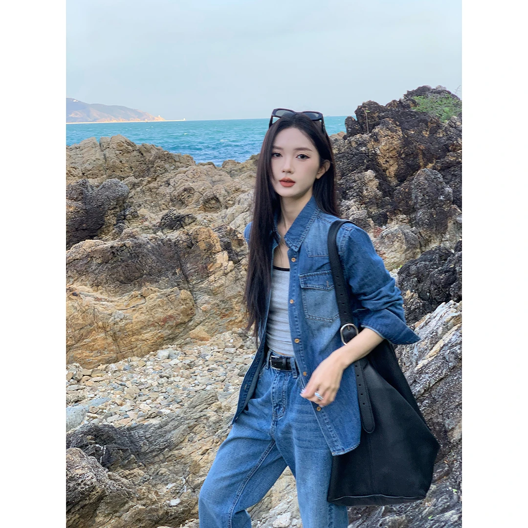 FORNI x YOYO 清冽法则 长袖牛仔磨白衬衫蓝色时尚休闲复古牛仔衫