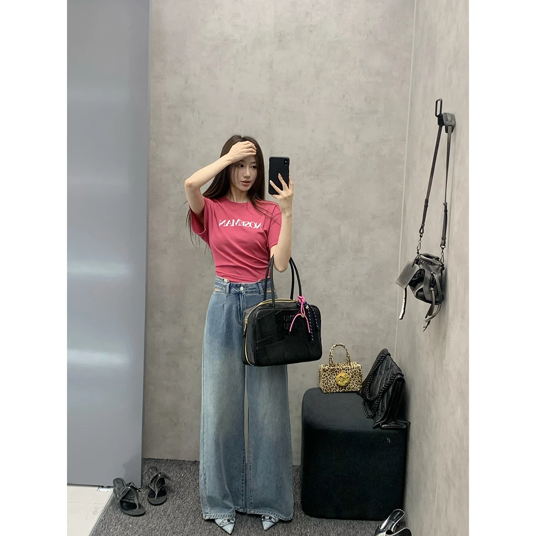 FORNI x YOYO 露出你的小蛮腰 蓝色露腰磨白牛仔裤宽松潮流休闲