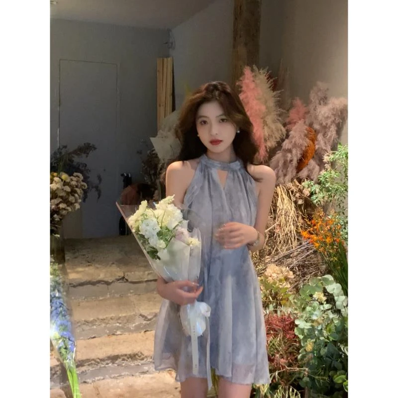 FORNI x YOYO 复古气质纯欲收腰无袖A字水墨连衣裙LL