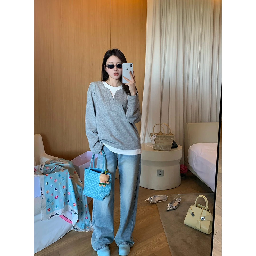 FORNI x YOYO 小资文艺  假两件休闲上衣长袖时尚灰色圆领上衣T恤