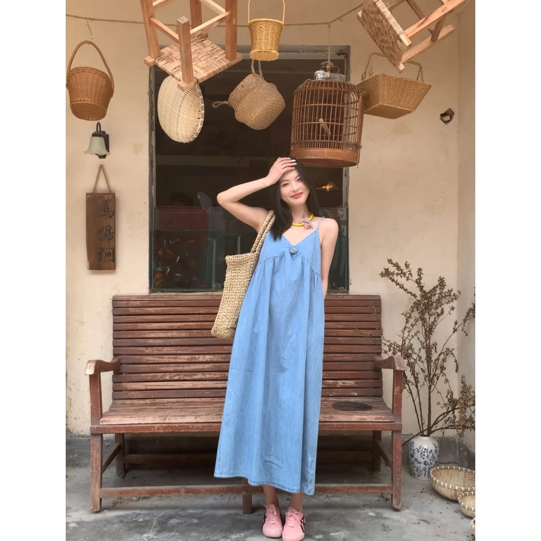 FORNI  x YOYO  宽松连衣裙花朵牛仔吊带女装连衣裙LL