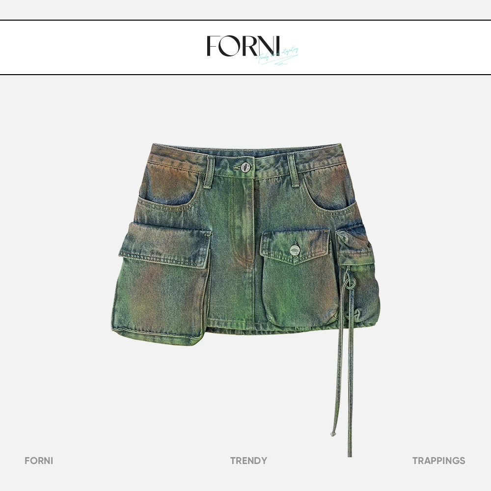 FORNI x YOYO 极光少女 喷色潮流极光牛仔半裙时尚复古女装半身裙