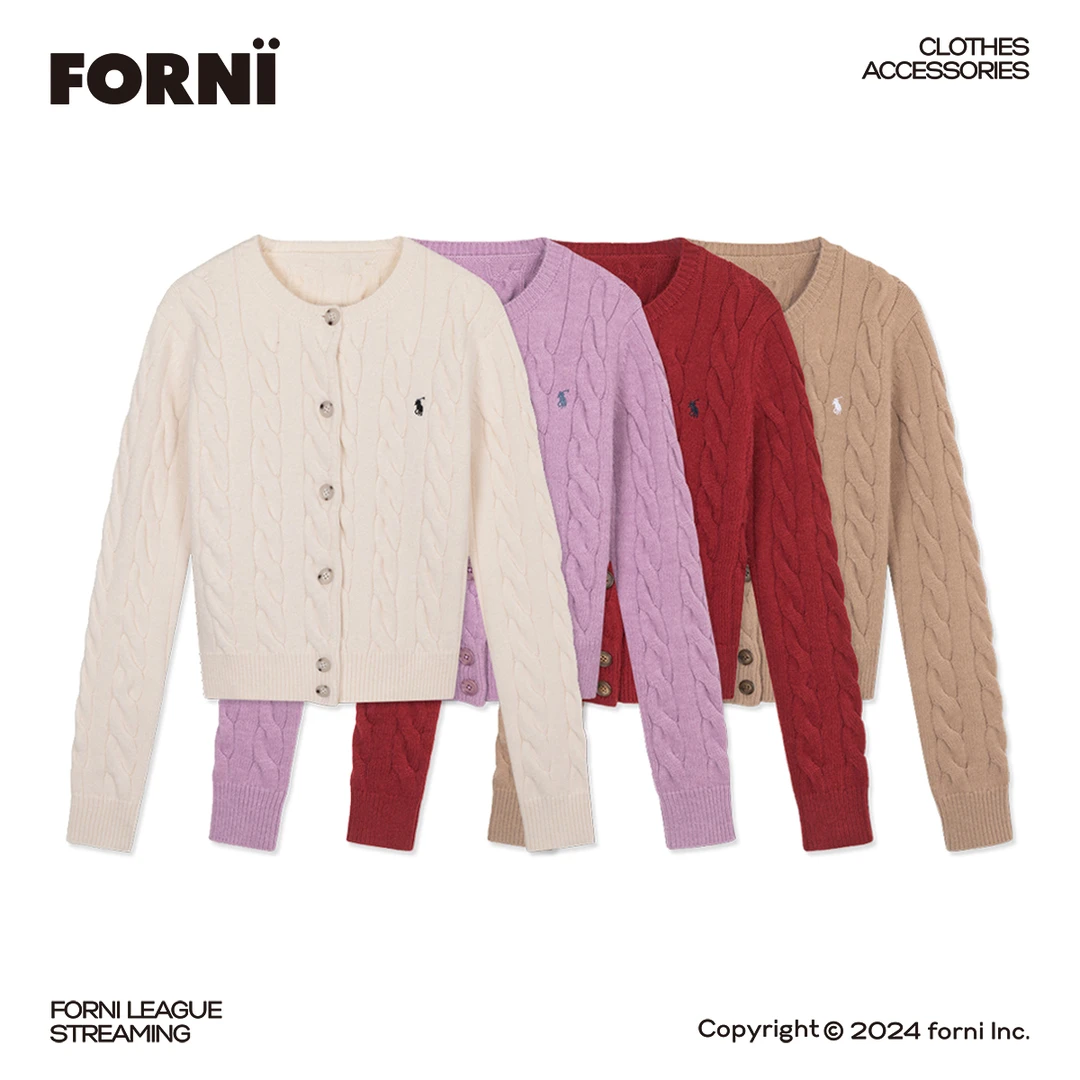 FORNI x YOYO 满分氛围 秋冬麻花纽扣修身开衫提花百搭长袖针织衫