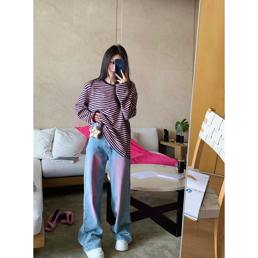 FORNI x YOYO Blackpink 粉黑条纹T恤春夏长袖休闲圆领时尚款上衣