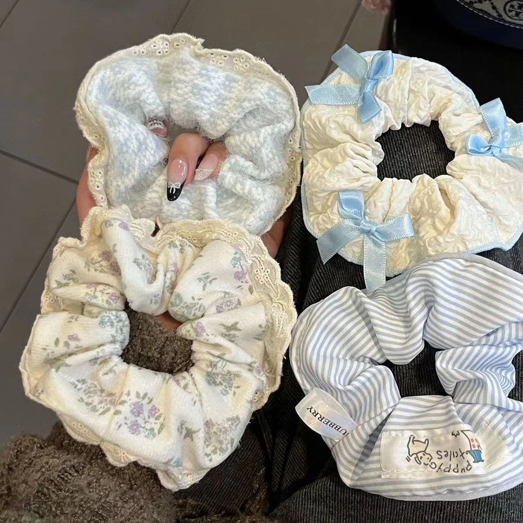 芭蕾风奶蓝格子重工烫钻蕾丝花边韩版大肠发圈可爱奶油甜妹发绳女