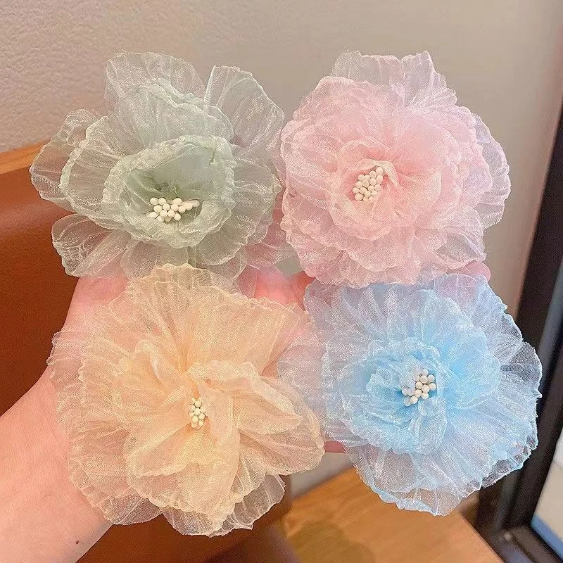 早春海边度假欧根纱花朵发饰高颜值ins纯欲风少女网纱花朵侧边夹