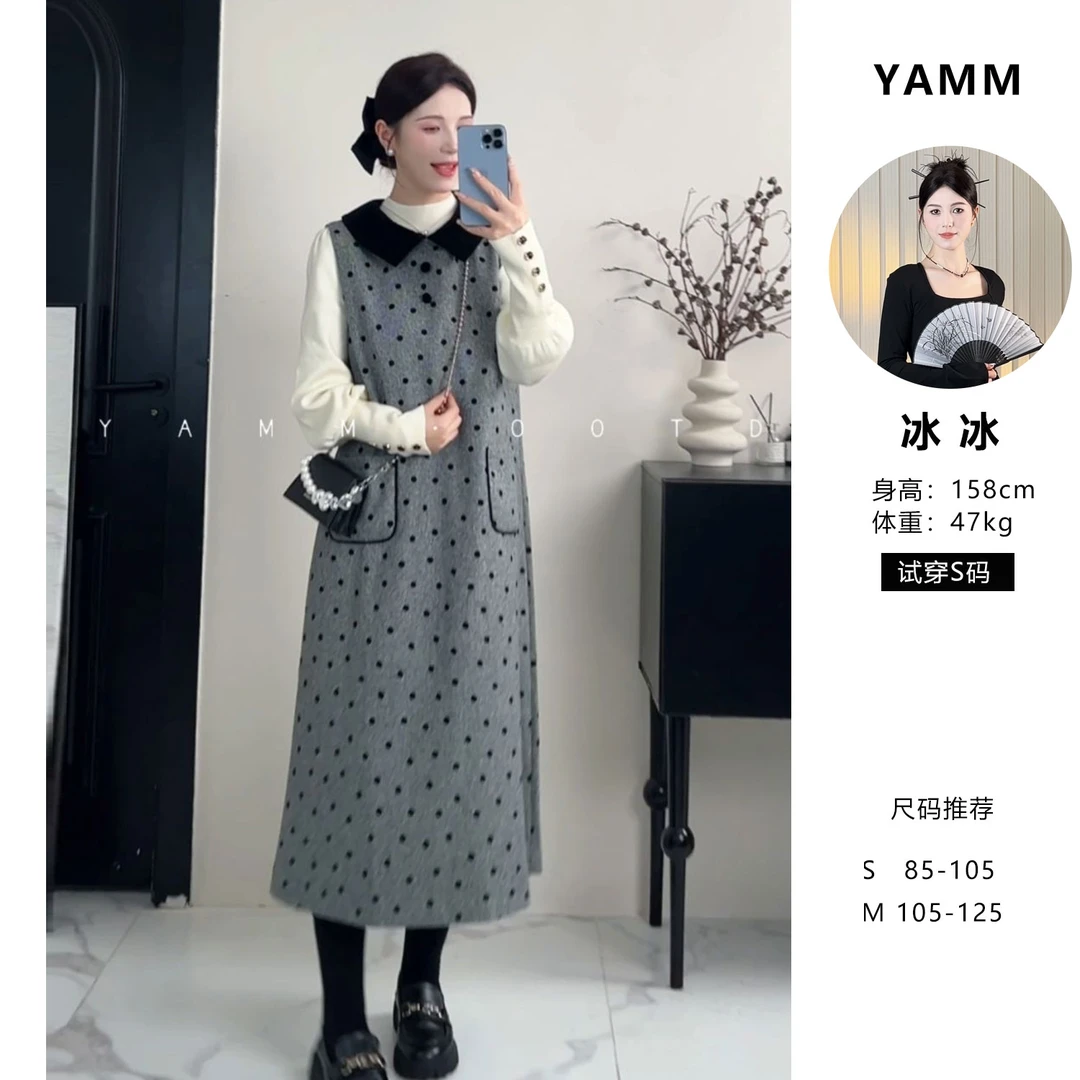 YAMM~丝绒波点拼接背心宽松显瘦连衣裙